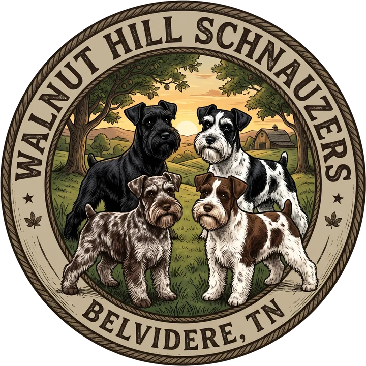 Walnut Hill Schnauzers logo: four miniature schnauzers on a Tennessee farm at sunset