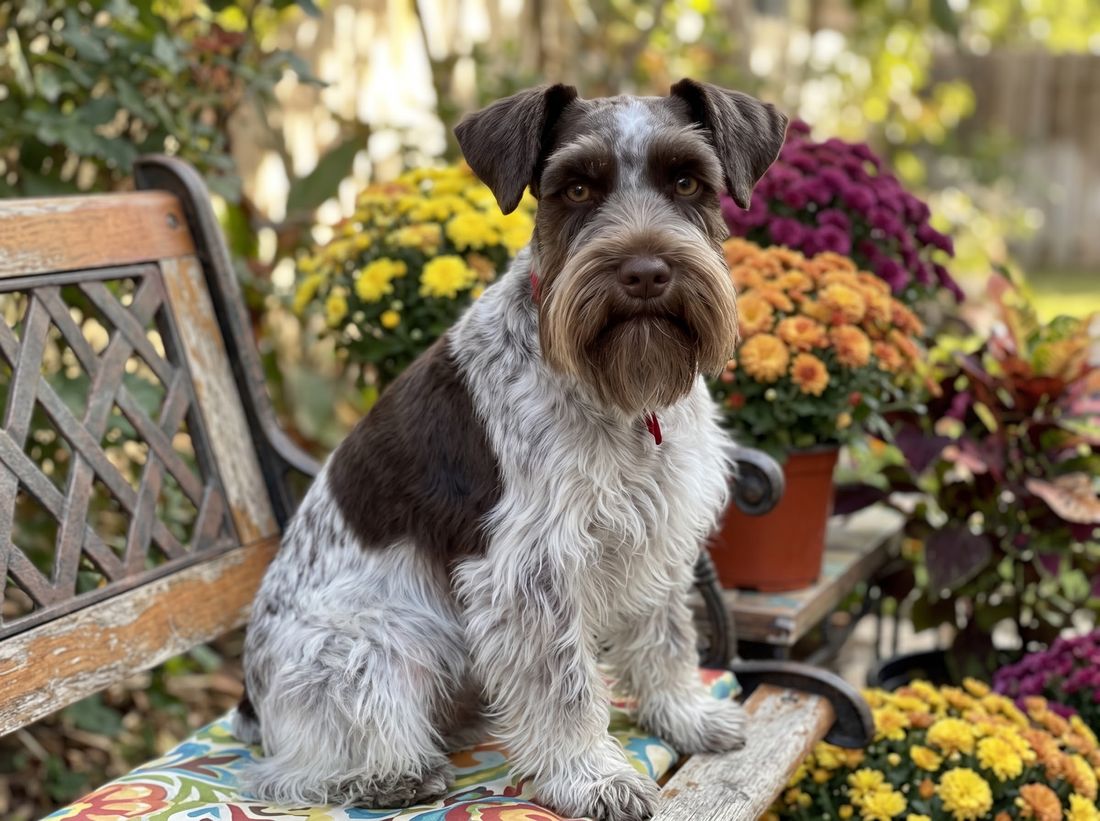 Rendering of Truffles as an adult: a chocolate parti miniature schnauzer sitting on a bench among fall mums